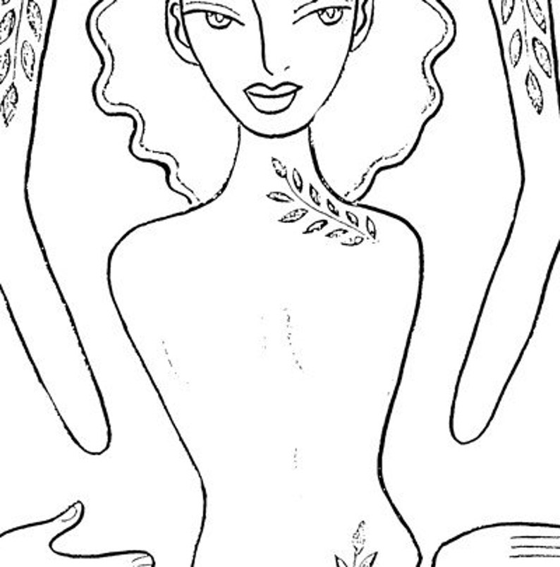 May include: A black and white line drawing of a person with a leafy design on their shoulder and neck. The person is depicted with their arms raised above their head.