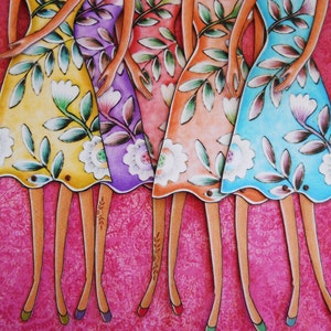 May include: Four colorful paper dolls with floral patterns on their dresses. The dolls are standing on a pink background.