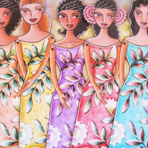 May include: Five paper dolls with floral dresses. The dolls are wearing dresses with different colors and patterns. The dresses have a leafy design with white flowers.