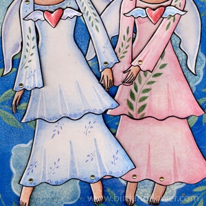 May include: Two paper dolls dressed as angels with wings and halos. The angel on the left is wearing a light blue dress with a white heart on the chest. The angel on the right is wearing a pink dress with a white heart on the chest.