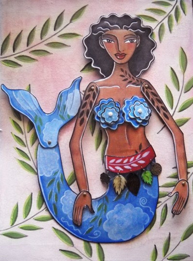 May include: A blue mermaid with a brown body and black hair. She is wearing a blue flower bra and a red and white belt with green leaves. The mermaid is on a white background with green leaves.