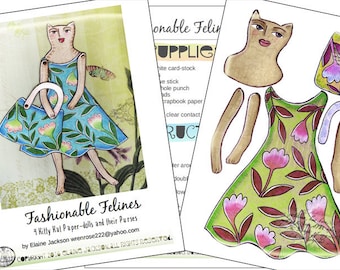 Printable Cat paper-doll four different dolls with purses fashionable felines