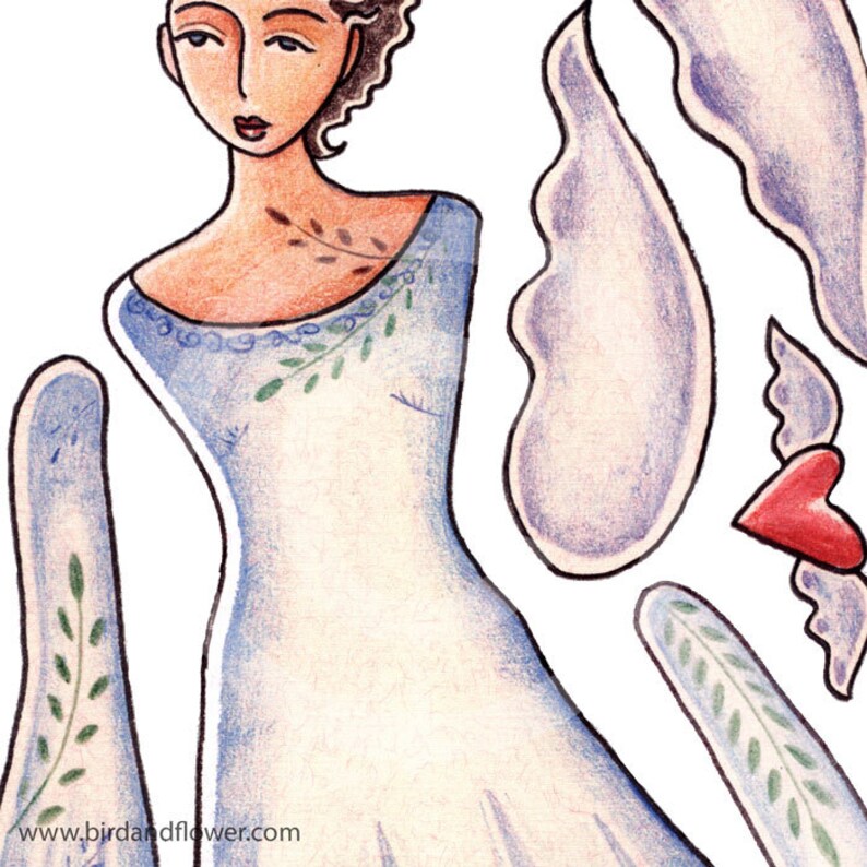 May include: A paper doll of a woman with long brown hair wearing a blue dress with green leaves. The doll is cut out and ready to be played with. The doll is part of a set of paper dolls.