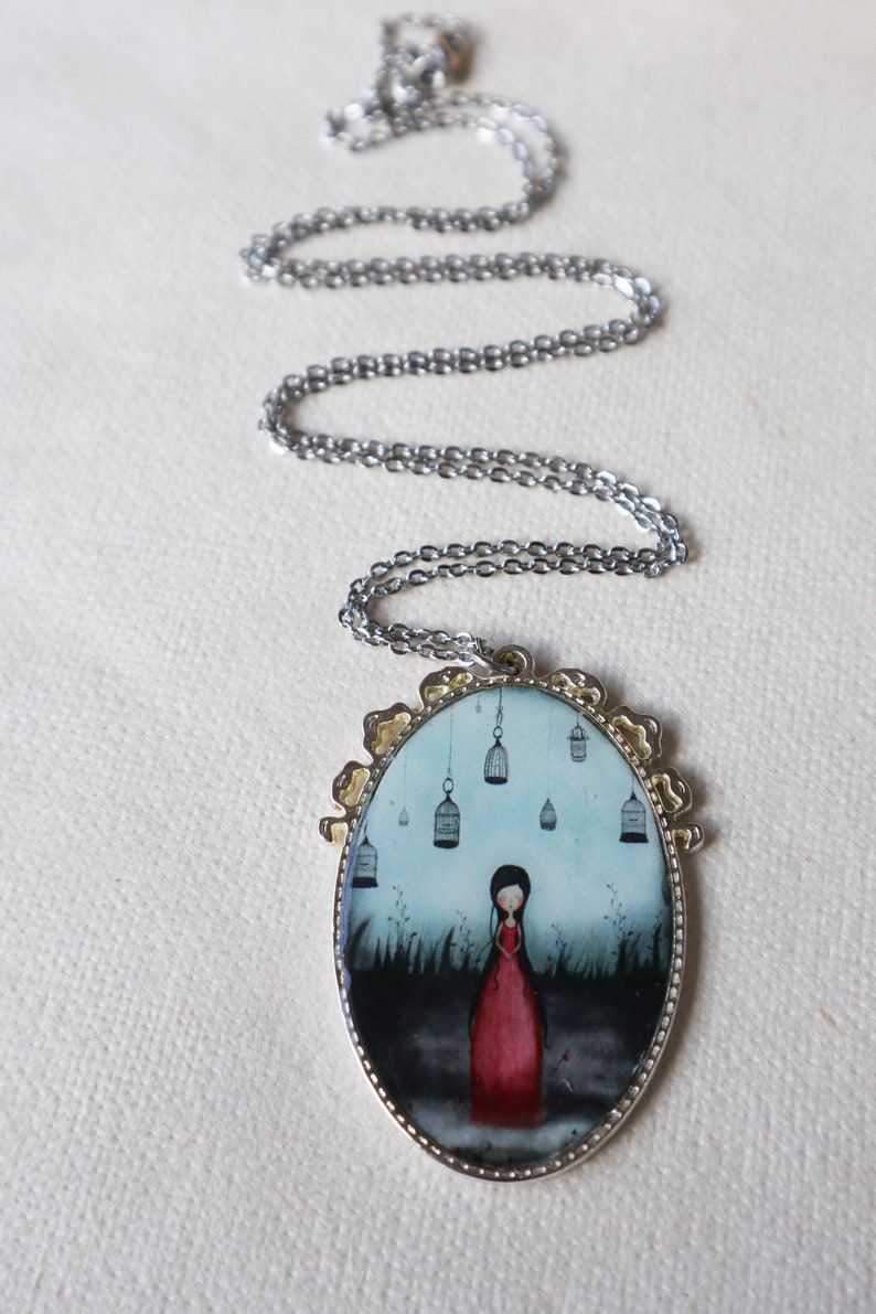 Jorinda large pendant,fairytale pendant,wearable art,pop surrealism jewelry,original illustration pendant,