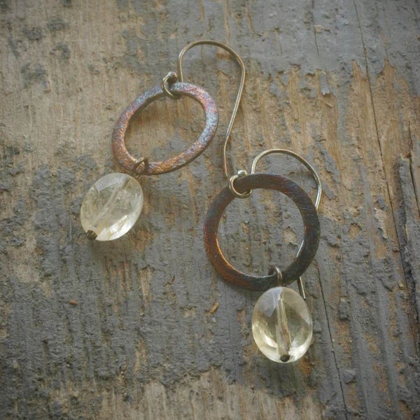 little patina halo earrings. citrine on oxidized sterling silver by val b.