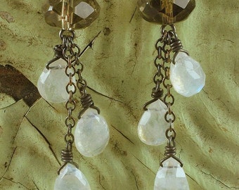 ice drops tassel earrings. moonstone briolettes and grey glass on oxidized sterling silver by val b.