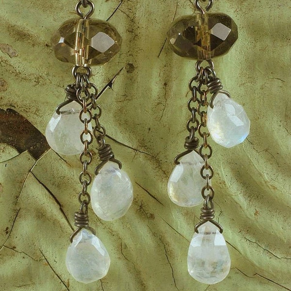 ice drops tassel earrings. moonstone briolettes and grey glass on oxidized sterling silver by val b.