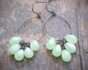 pale green cluster hoop earrings. czech glass drops & oxidized sterling silver.