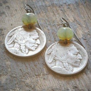 vintage indian head nickel earrings - mint green. old buffalo nickel coins with czech glass on oxidized sterling silver by val b.