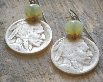 vintage indian head nickel earrings - mint green. old buffalo nickel coins with czech glass on oxidized sterling silver by val b.