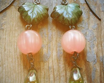 vintage pink & green leaf czech glass dangle earrings. vintage lucite, czech glass green leaves, drops on oxidized sterling by val b