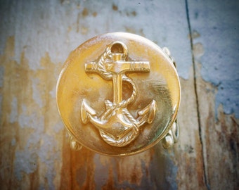 CLEARANCE: sailor silver anchor ring. vintage re-purposed adjustable, circular silver-tone anchor on filigree. ooak by val b.