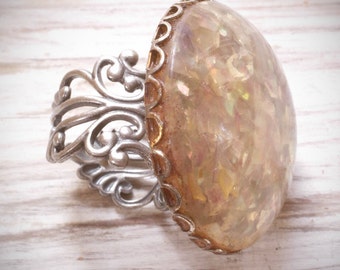 vintage grey sparkle globe cocktail ring. one of a kind upcycled 1960's button on a silver adjustable filigree ring by val b.
