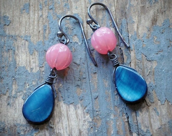 pink and blue petal earrings. oxidized sterling silver.