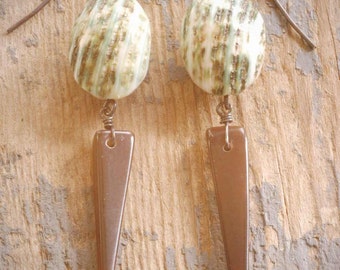 natural green shell and spike shell earrings on hand-oxidized sterling silver by val b.