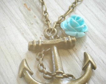 CLEARANCE: anchor & aqua rose nautical chic necklace on brass plate by val b.