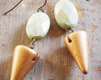 mint green & gold spike earrings.  pale green faceted turquoise stone and gold-dipped czech glass points on oxidized sterling by val b.