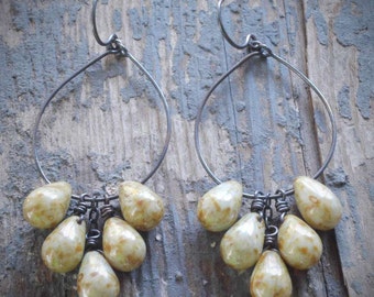 pale green vintage picasso cluster hoop earrings. czech glass drops & oxidized sterling silver.