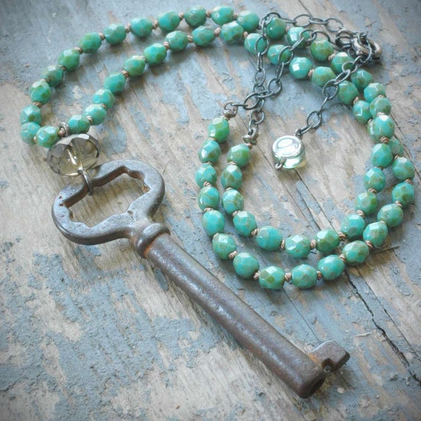 mint green knotted vintage steel skeleton key necklace with czech glass, silk & oxidized sterling silver by val b. adjustable.