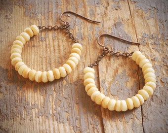 rustic, boho ivory cream bone hoop earrings on oxidized sterling silver by val b.