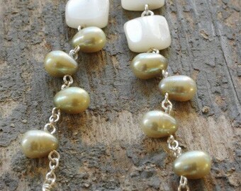 pearly vines earrings. pale green freshwater pearls & white mother-of-pearl on sterling silver by val b.