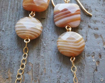 rust woodgrain agate stone earrings on gold filled chain and wire by val b.