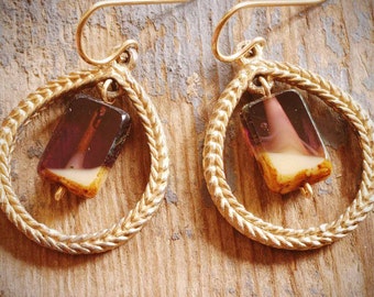 vintage gold rope drop earrings with plum and cream czech glass rectangles on gold fill. ooak by val b.