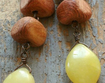 wood and olive jade earrings on oxidized sterling silver by val b.