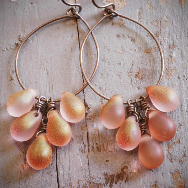 peach and gold dust cluster hoop earrings. peachy matte czech glass drops and golden finish on oxidized sterling silver by val b.