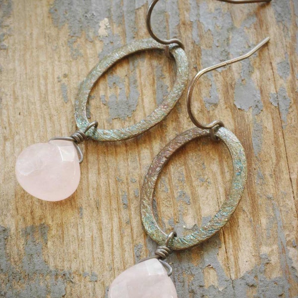 rose quartz drop halo oval earrings. pale light pink drops on oxidized brushed sterling silver ellipse hoops by val b.