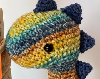 Handmade crochet blue striped dinosaur