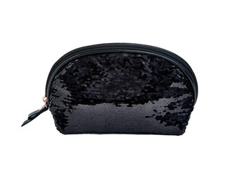 Borsa cosmetica reversibile nera, accessori moda, elementi essenziali scintillanti, borse cosmetiche con paillettes