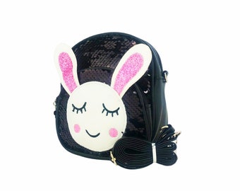 Black Glitter Bunny mini backpack, fashion accessories, sequin backpack, travel kids backpack easter