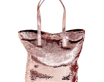 Rose Gold Reversible Tote, Fashion accessories, sparkling essentials, Sequin bags