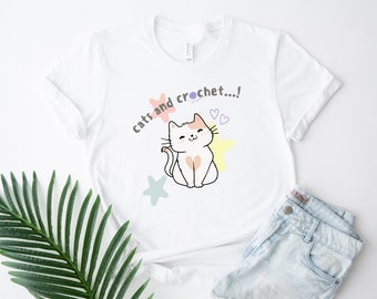 Gehaakte kat print T-shirt, schattig gehaakte print shirt, gehaakte print Jersey top, cadeau voor haakster, gehaakte minnaar cadeau, gehaakte hobby T-shirt