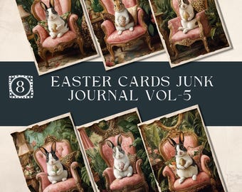 May include: Eight vintage-style Easter cards featuring a black and white rabbit holding an egg in a pink armchair. The cards are part of an Easter Cards Junk Journal Vol. 5 collection.