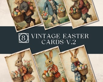 May include: Eight vintage Easter cards featuring illustrations of bunnies holding baskets of eggs. The cards are in a variety of colors and styles, and each one has a unique design.