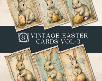 May include: Eight vintage Easter cards featuring illustrations of bunnies holding Easter eggs. The cards are printed on textured paper with a vintage aesthetic. The text "Vintage Easter Cards Vol-3" is printed at the bottom of the image.