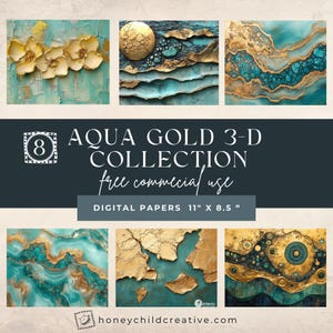 Papel digital Aqua Gold 3-D para diário de sucata, scrapbooking, decoupage, cartões para ocasiões especiais, convites – Download instantâneo