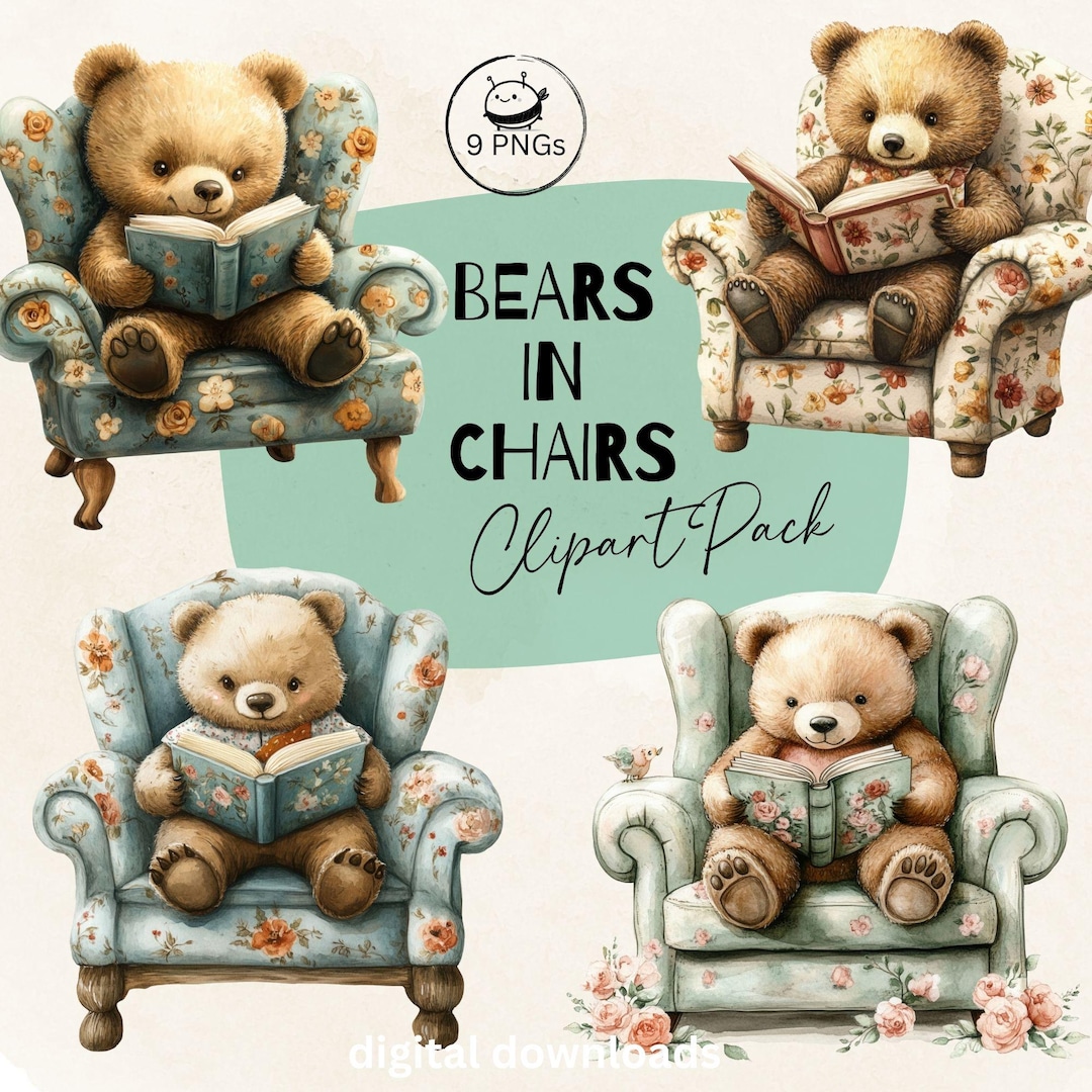 Bears in Chairs, Clipart Pack, Transparent PNG, Classroom Posters