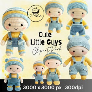 Mignons petits amis Amigurumi, Clipart Pack, PNG Transparent, cartes de voeux, Clipart Amigurumi, Art mural pour chambre d'enfant, Illustrations saisonnières