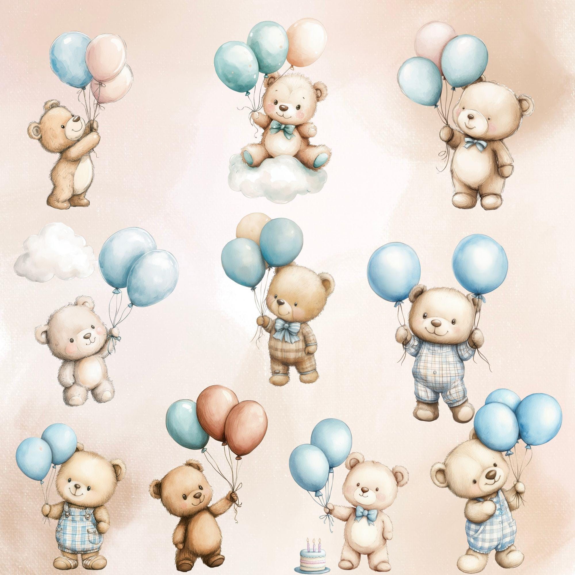 Teddy Bear and Blue Balloons Clipart Baby Shower Boy Clipart, Boy ...