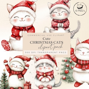 CUTE Weihnachtskatzen Clipart Pack, transparente PNG&#39;s, Digital Art, Weihnachtskarten, T-shirts, Tassen, Clip Art