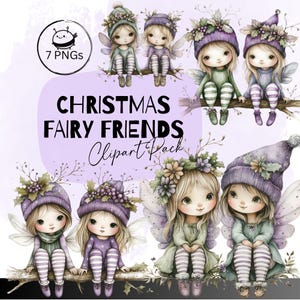 Christmas Fairy Friends, Clipart Pack, Transparent PNG, Xmas Cards, Nursery Wall Art, Seasonal Illustrations