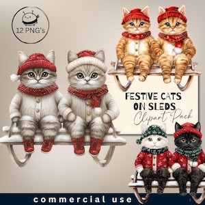 Clipartpakket schattige kerstkat, transparante png, digitale kunst, kaarten, kinderen en boeken, illustraties