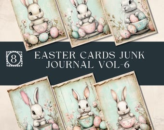 May include: Eight digital printable images featuring pastel colored illustrations of bunnies holding teacups and surrounded by pastel colored Easter eggs. The text "Easter Cards Junk Journal Vol-6" is at the top of the image.