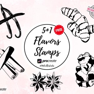 Peut inclure: Un ensemble de tampons numériques pour Procreate avec des illustrations au trait noir et blanc de gousses de vanille, curcuma, bâtons de cannelle, gingembre et badiane. Le texte circulaire central indique 5+7 FREE Flavors Stamps Procreate.