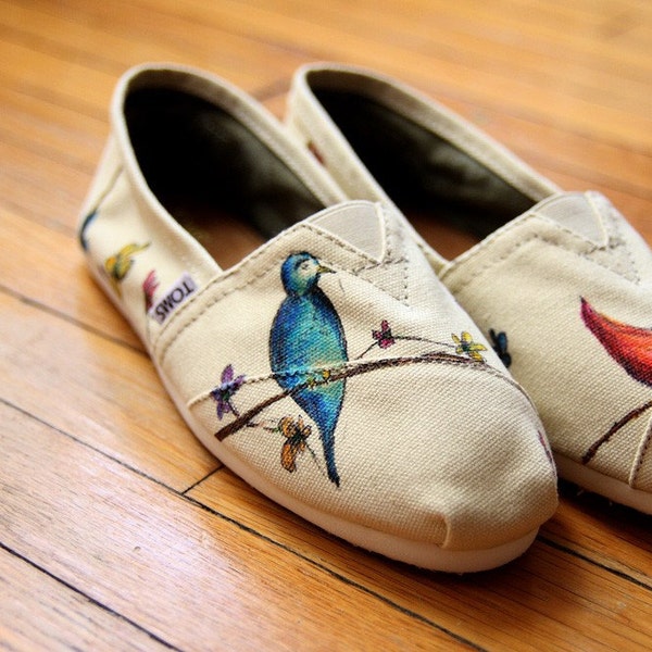 Size 6.5 - Birds and Wildflowers All Over Custom TOMS Shoes - Ready to Ship