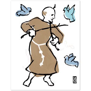 May include: An illustration of a figure in a brown robe holding sticks, with three blue birds in flight. The artwork has a minimalist style with black outlines and a white background. A small signature is in the bottom right corner.