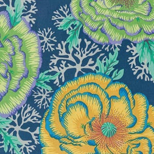May include: A fabric pattern featuring large, layered flowers in shades of lime green, purple, and yellow against a deep navy blue background. The design includes intricate, branching white coral-like shapes interspersed between the floral motifs.